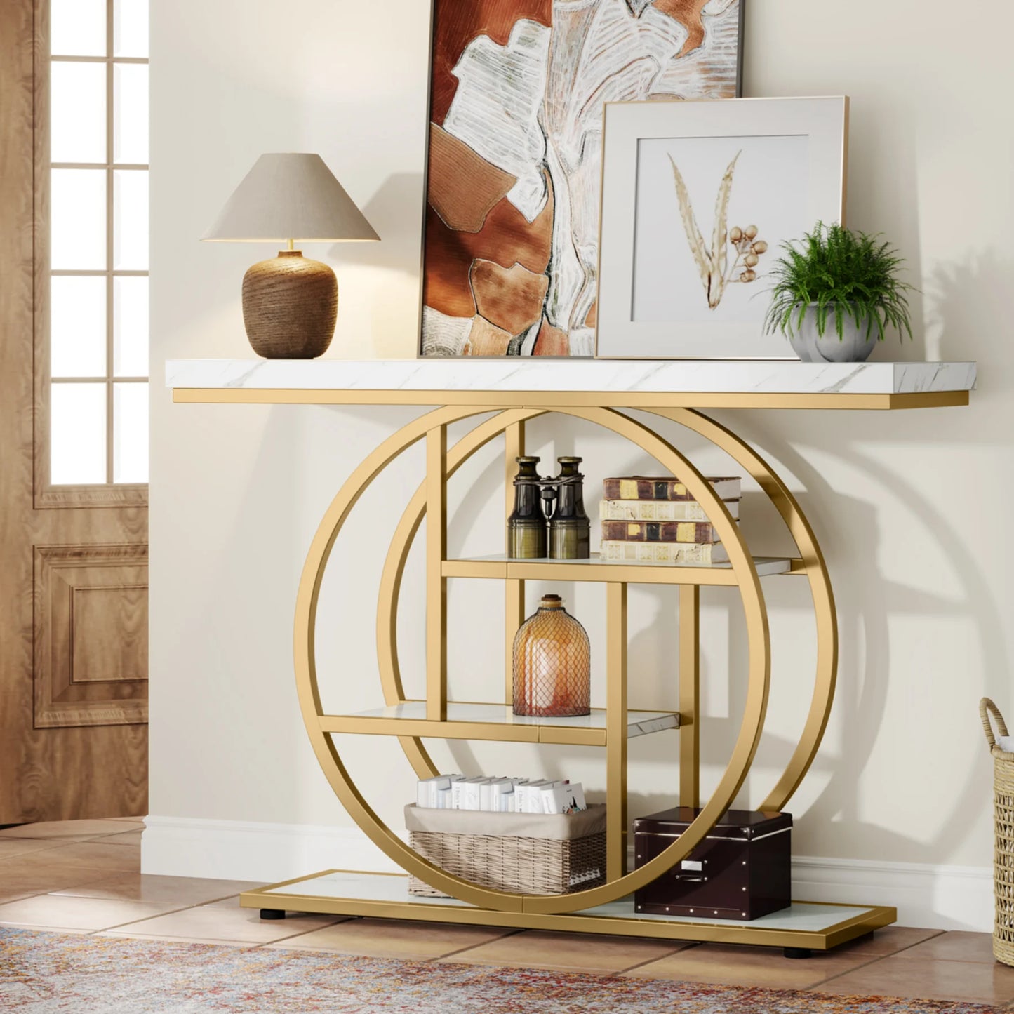 Modern Gold Sofa Table with Storage, 4 Tier