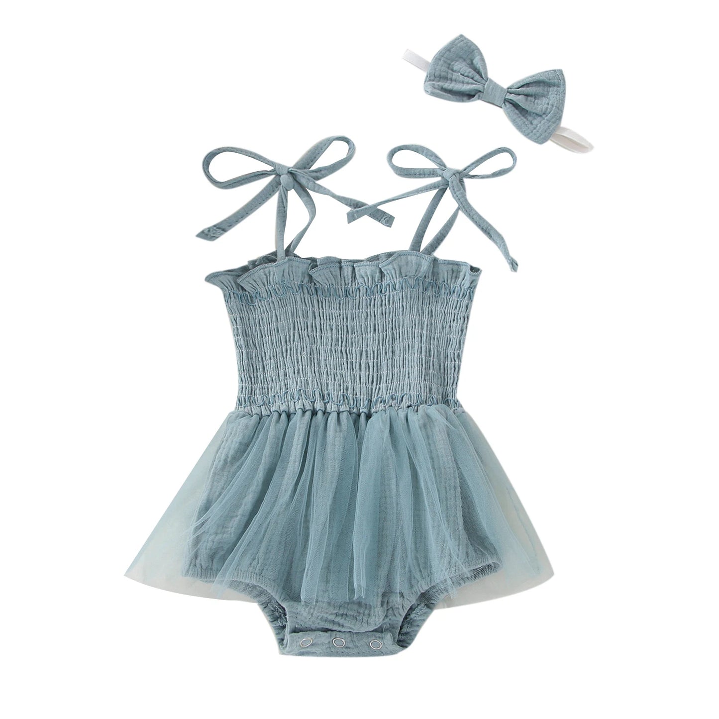0-18M 2Pcs Summer Newborn Infant Girls, Ruffles Lace-Up Pleated Mesh Loose Romper+Hairband