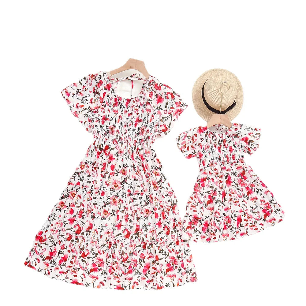 Sweet Dress Mommy And Daughter Matching Outfit, Square Collar, Fashion Print, Ruffle Sleeve