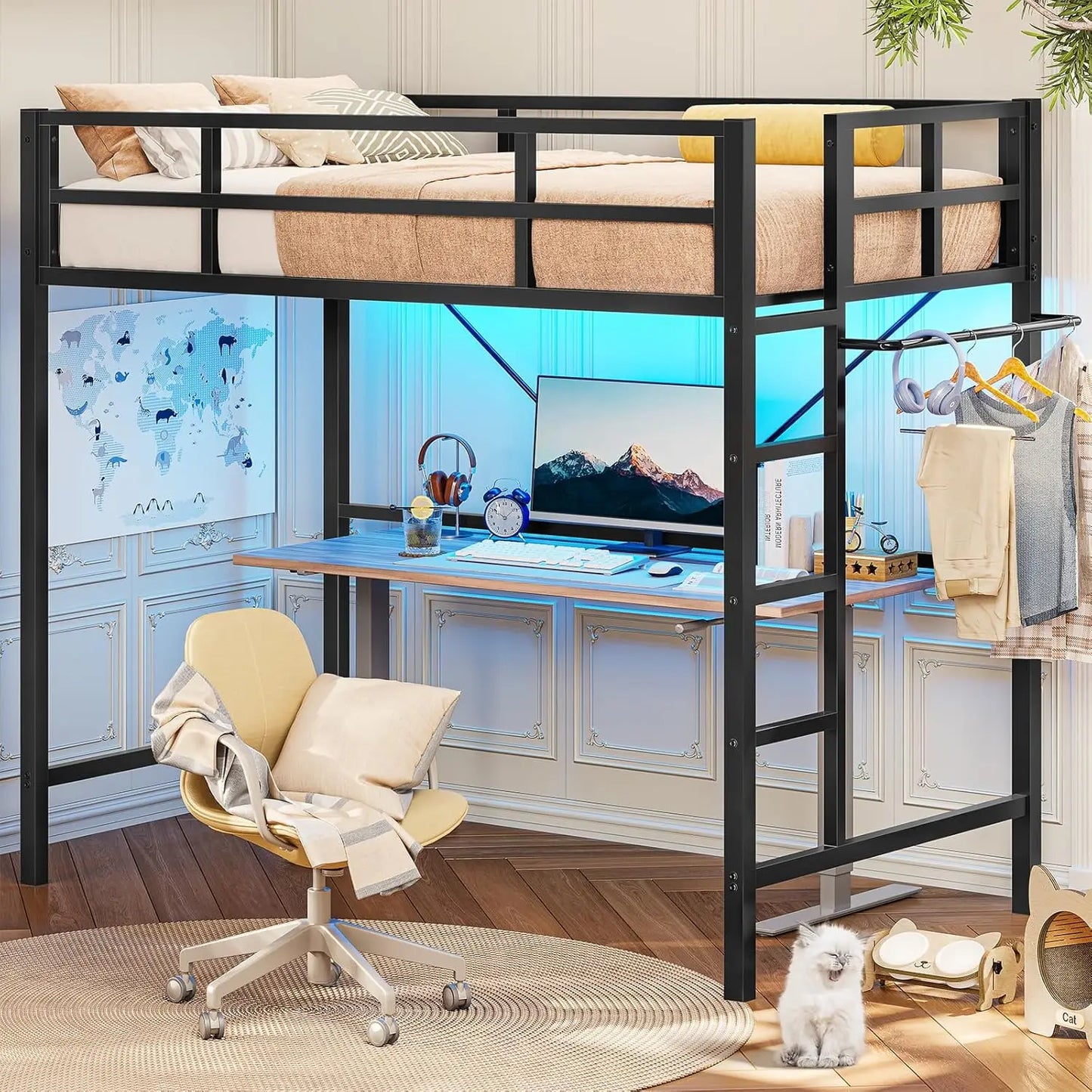 Twin Loft Bed with LED Lights, with Full-Length Guardrail, Clothes Rack