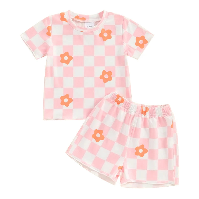 12 MO-4T Floral Checkerboard Print Short Sleeve O-neck T-shirts+Elastic Waist Shorts Tracksuit