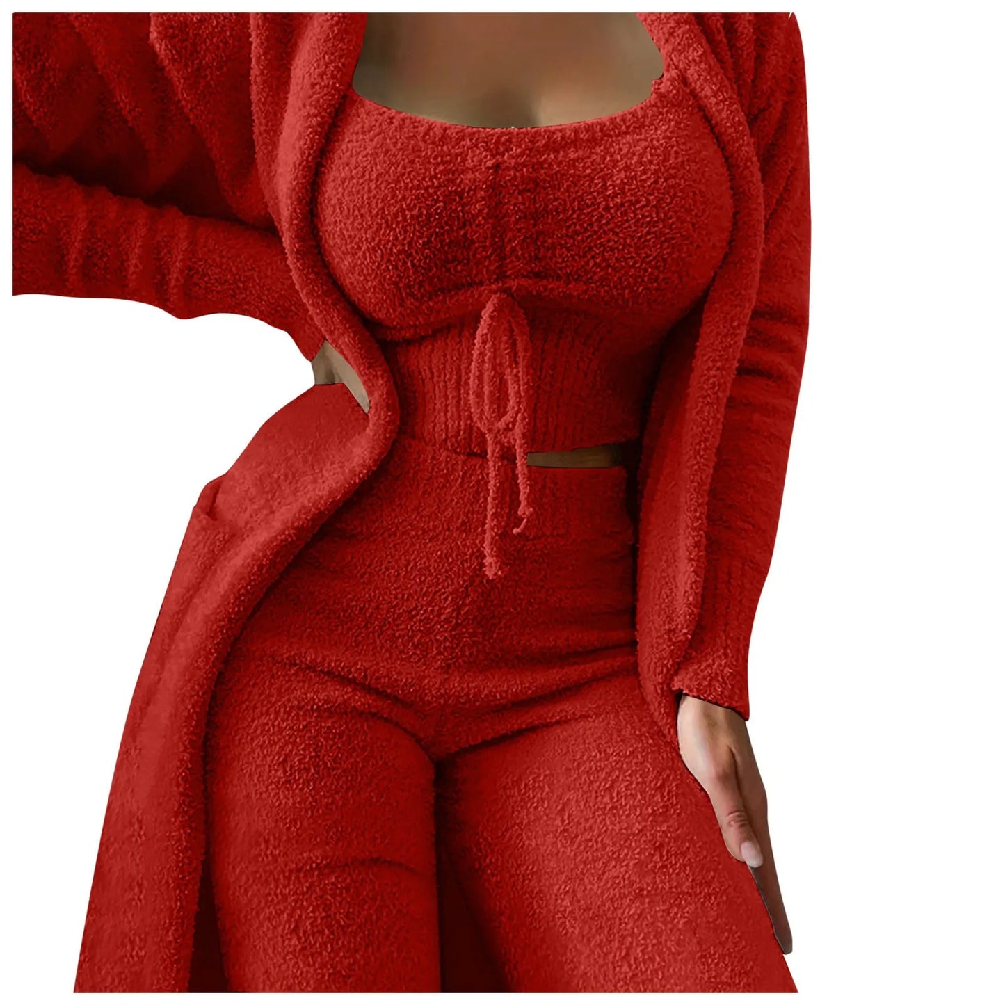 Women'S Fleece 3 Pc Loungewear, Spaghetti Strap Crop Tank, Wide Long Pants, Fuzzy Kimono ,