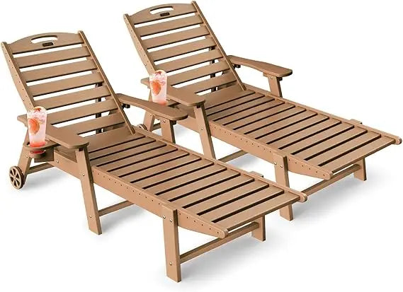 Set of 2, Outdoor Chaise Lounge with 6-Position with Wheels & Cup Holder