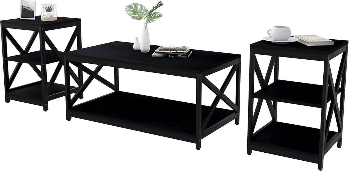 Industrial X-Design Coffee Table and 2 End Side Tables