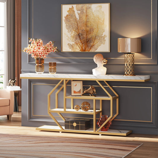 Modern Gold Sofa Table with Storage, 4 Tier