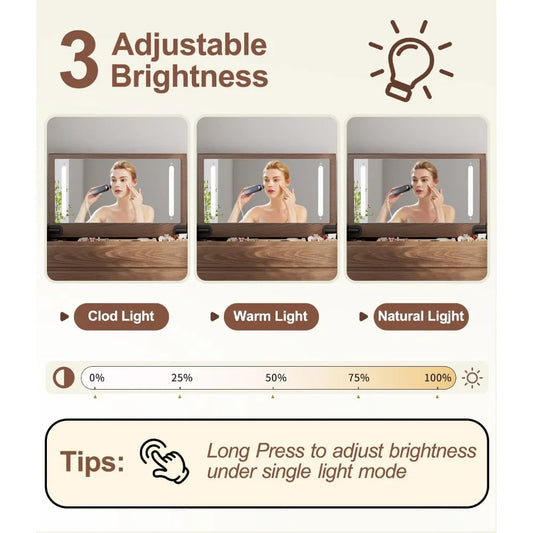 Wood Vanity/Desk with Mirror and Lights, Set 4 Drawers