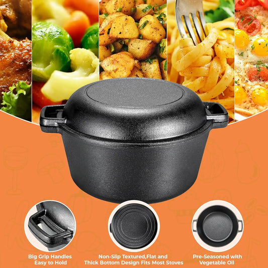 Pre-Seasoned Cast Iron Double Dutch Oven With Loop Handles, 5.1 Quart Pot