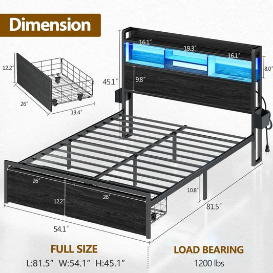 Metal Platform Bed Frame with Storage Drawers and Shelf, LED Lights and Charging Station
