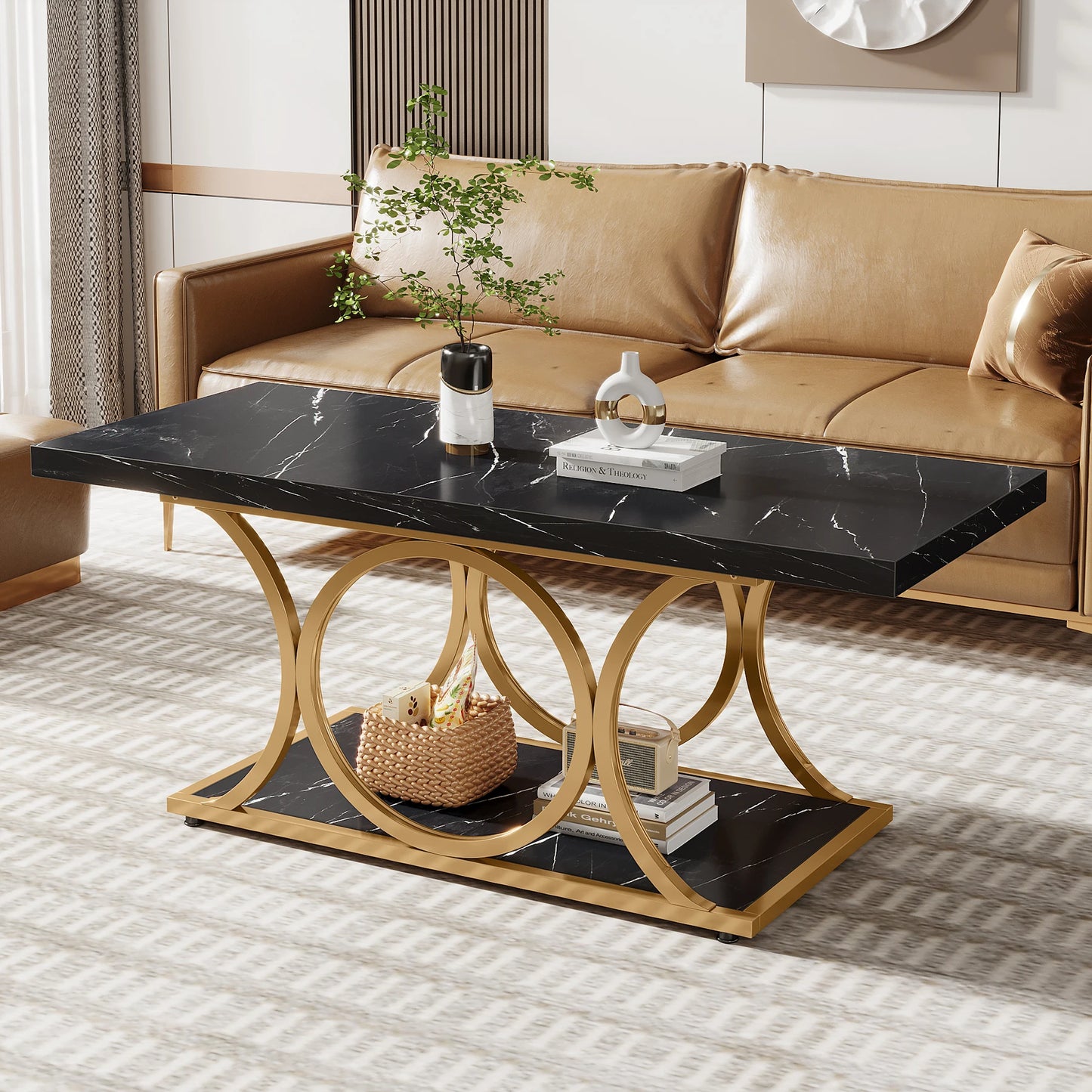 47.24-inch 2-Tier Faux Marble Wood Coffee Table