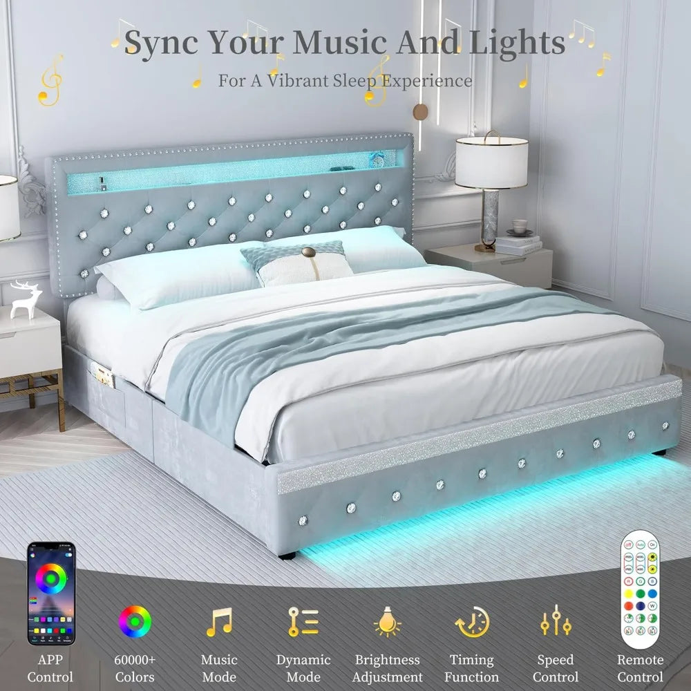 LED Platform Bed Frame with 2 Drawers, Storage