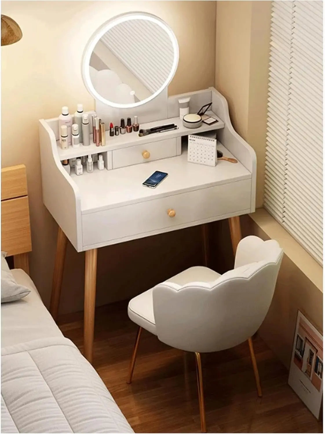 Vanity Desk with Round Mirror and Lights, with Drawers