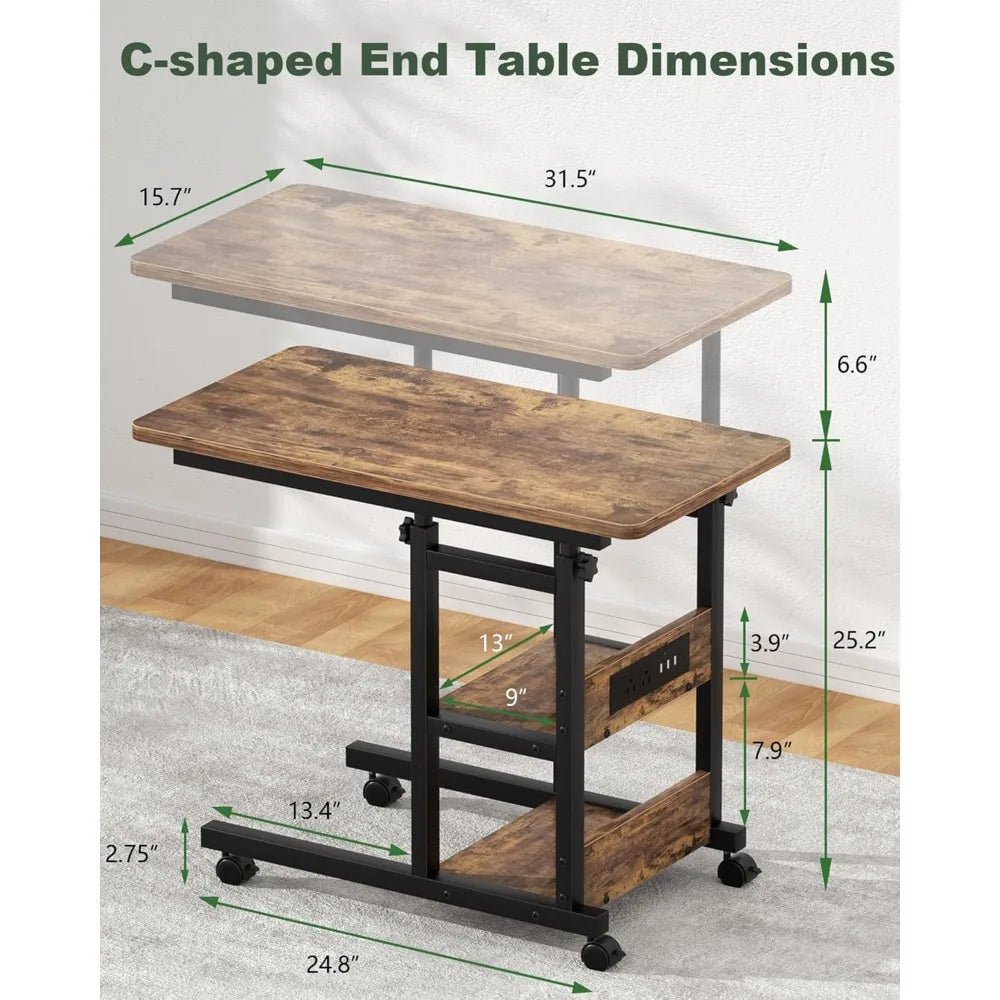 C Shaped Adjustable Height End Table with Charging Station, TV Tray with Wheels Slide Under Sofa/Bed