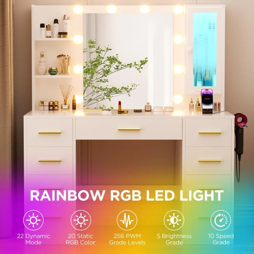 Large 43" Vanity/Desk with Mirror and Lights, 9 Drawers and Power Outlet, 3 Open Shelves and 1 RGB