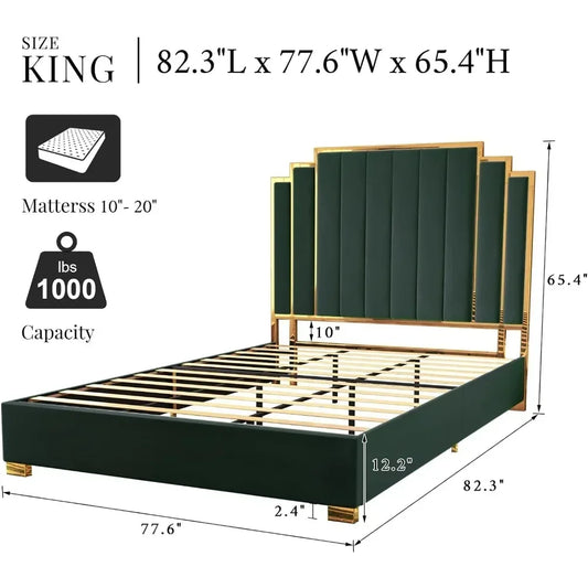65" Velvet Upholstered King Size Platform Bed Frame with Gold Trim Headboard/Wooden Slats/No Box Spring Needed/Green