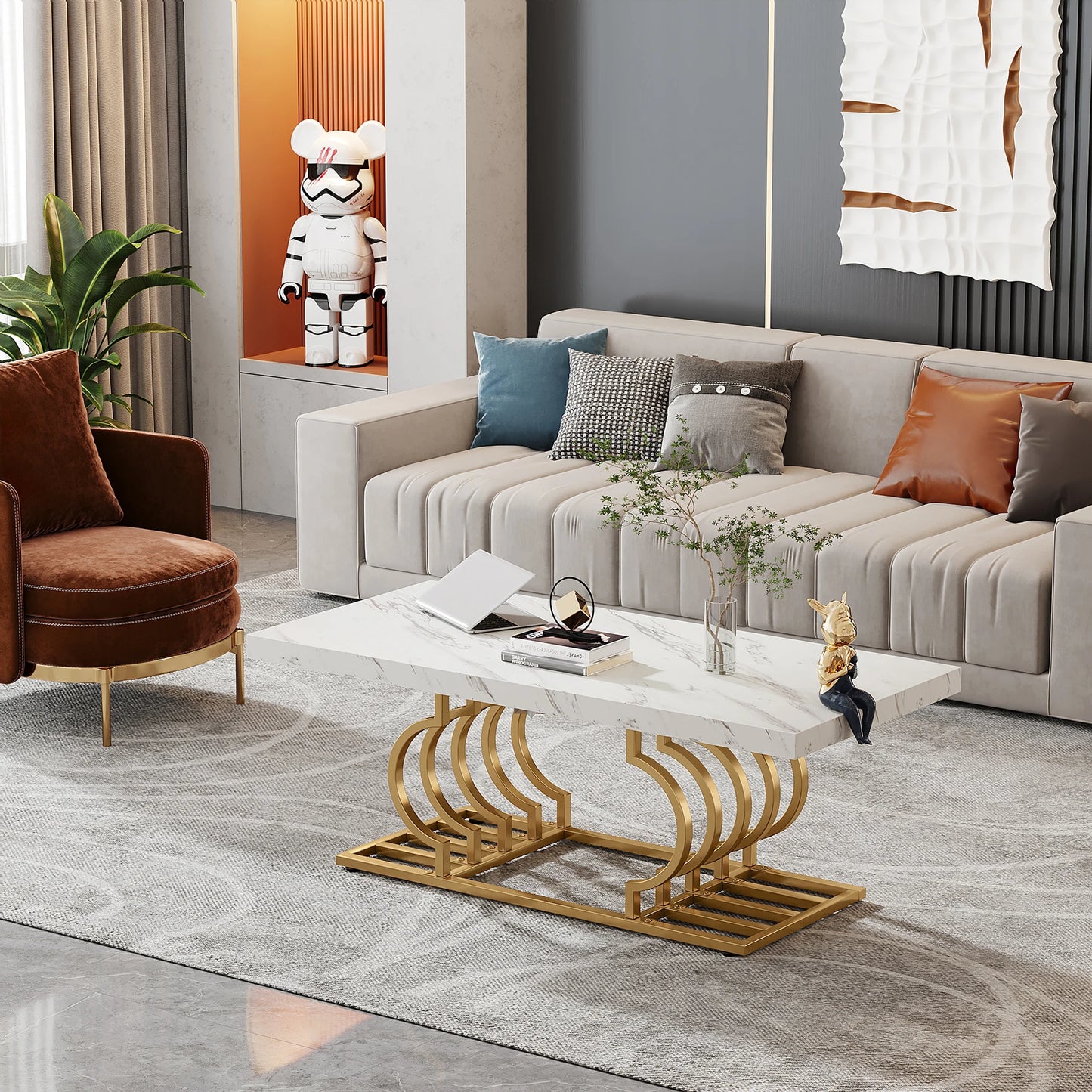 47.24-inch 2-tier Faux Marble Wood Coffee Table