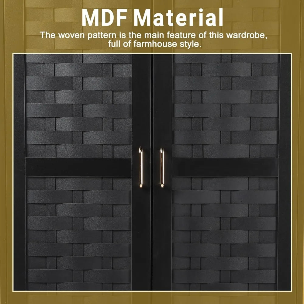 Armoire Wardrobe Closet with 2 Woven Doors, Wardrobe Cabinet with 2 Storage Drawers