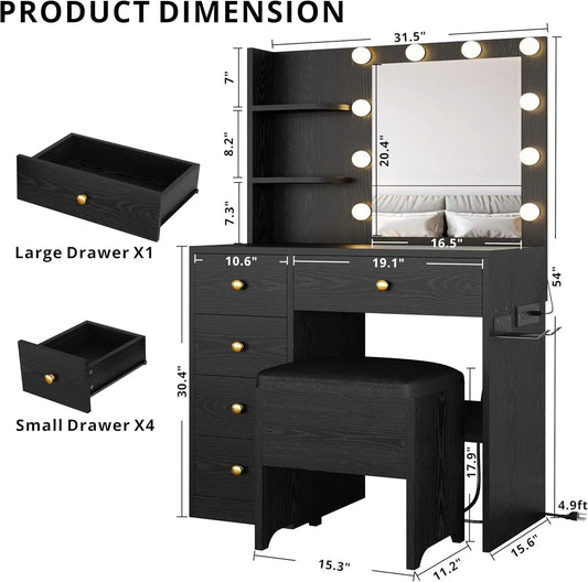 Vanity/Desk with Mirror and Lights with 5 Drawers