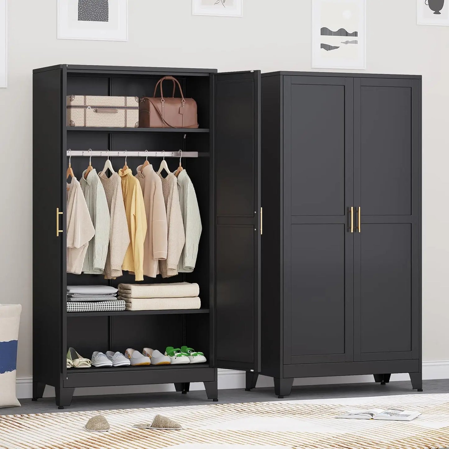 71" H Metal Armoire Wardrobe Closet with 2 Drawers, Adjustable Shelves, Clothes Drying Pole