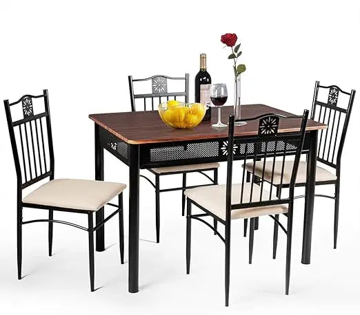 Kitchen Table and 4 Chairs Set with Metal Frame & Padded Seat