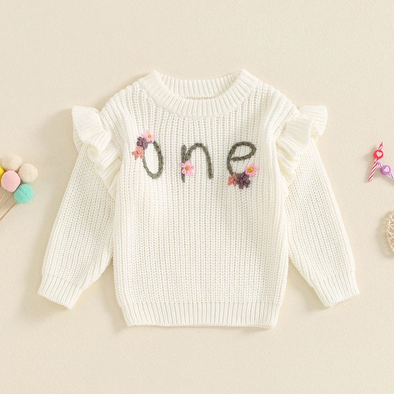 6-18 MO Birthday Sweater, Floral Letter Embroidery, Warm Knitted Pullover