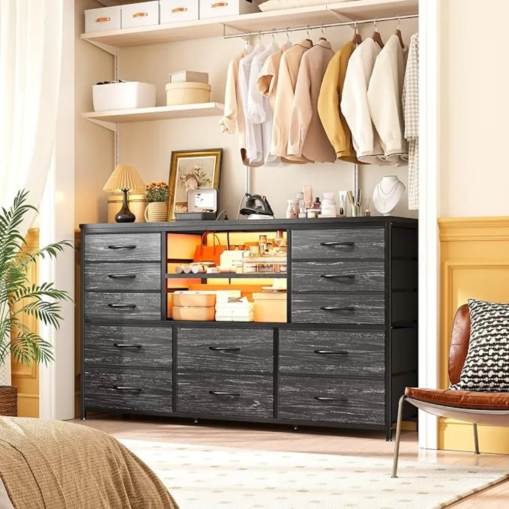 12 Drawers Dresser with LED Lights & Power Outlets, Stand for 60''TV