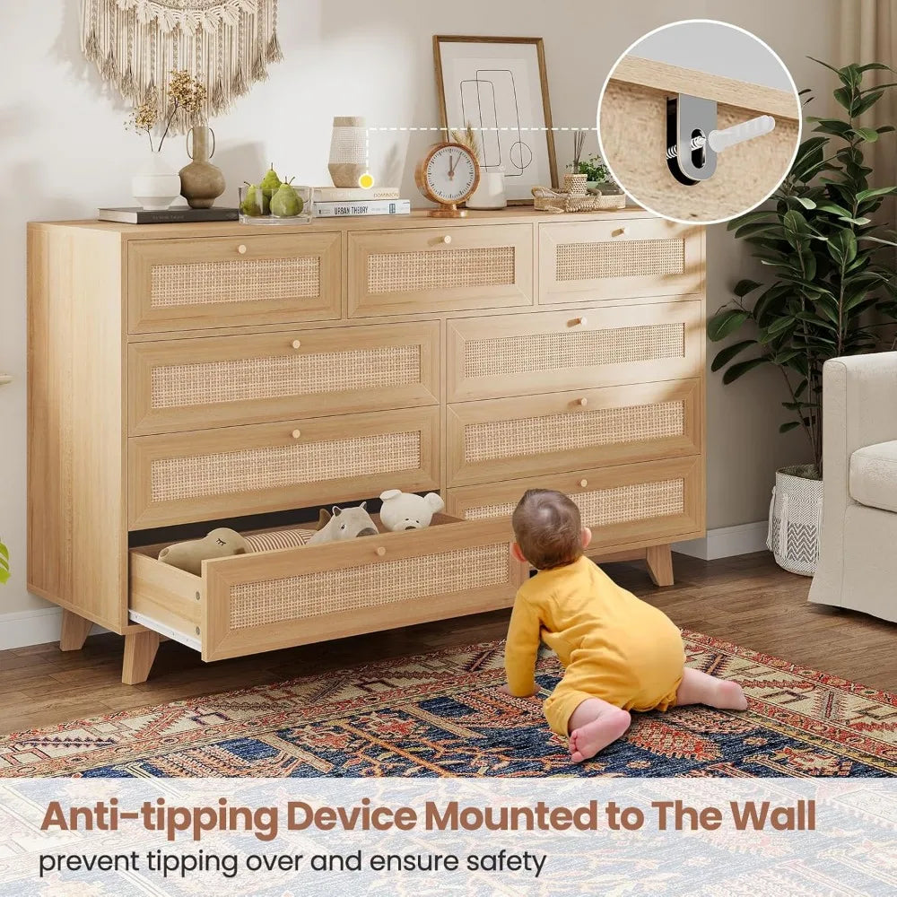 9 Drawer Dresser with Natural Rattan Drawers