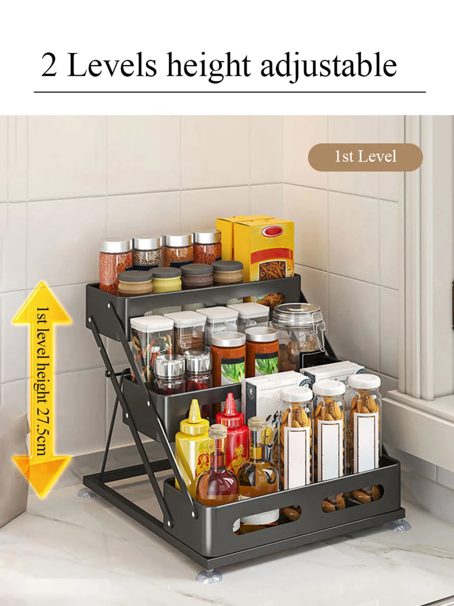 3-Layer Carbon Steel Kitchen Spice Rack Adjustable Height