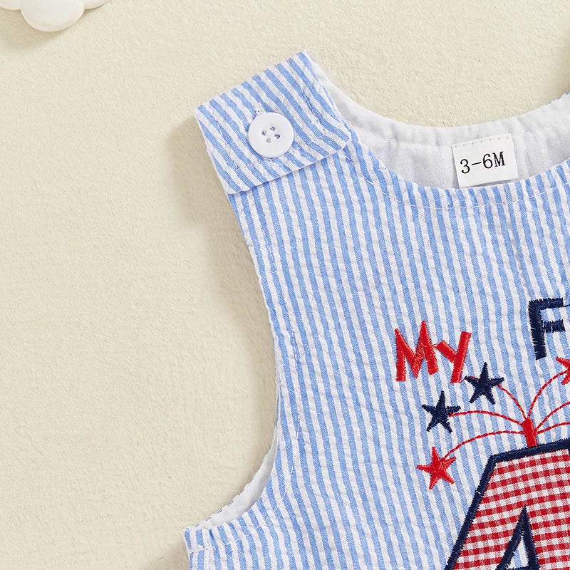 0-24 mo. Baby Boy 4th of July Romper, Star Letter Striped Sleeveless Overall Bodysuit
