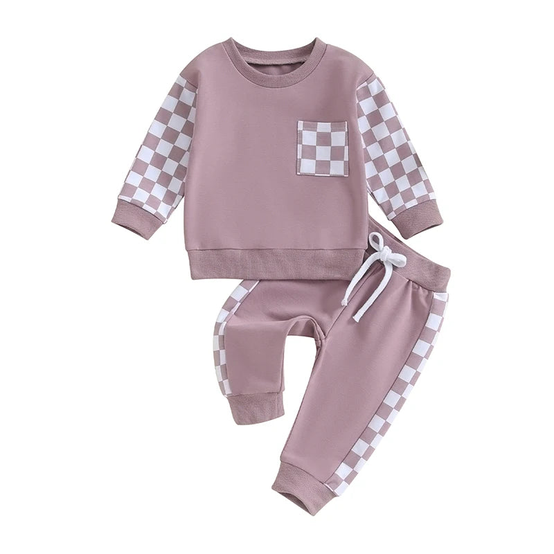0 MO-3Y Girl Clothes Outfits, Long Sleeve, Checkboard Sweatshirt and Pants Set