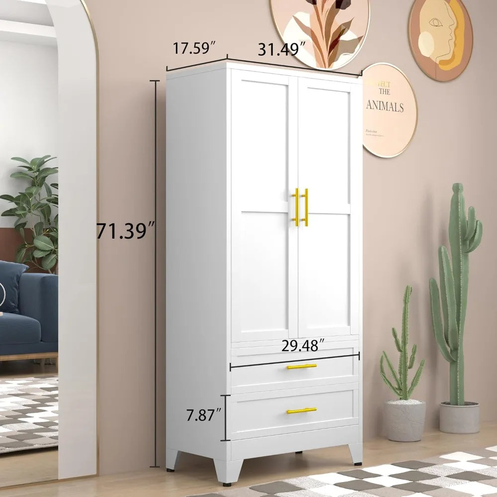 71" H Metal Armoire Wardrobe Closet with 2 Drawers, Adjustable Shelves, Clothes Drying Pole