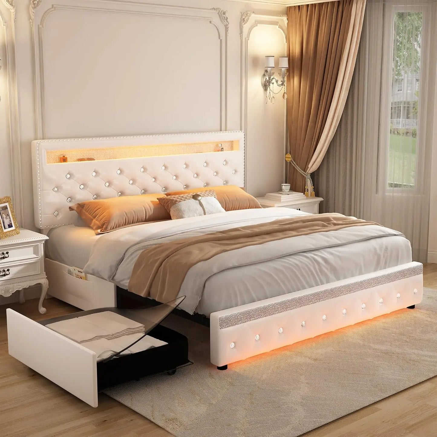 LED Platform Bed Frame with 2 Drawers, Storage