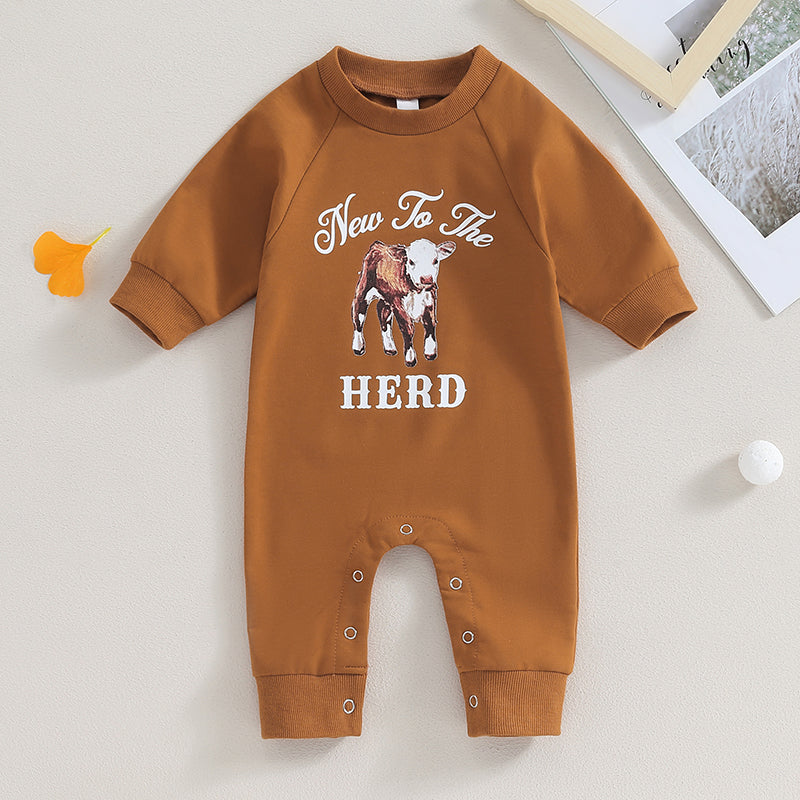 0-12M Newborn Baby Boy Sweatshirt Rompers-Bull Head Letter Print, Long Sleeve Jumpsuit