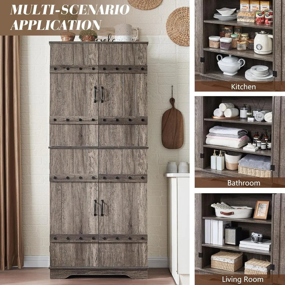 72" Farmhouse Kitchen Pantry Cabinet with Door Organizer & Adjustable Shelves