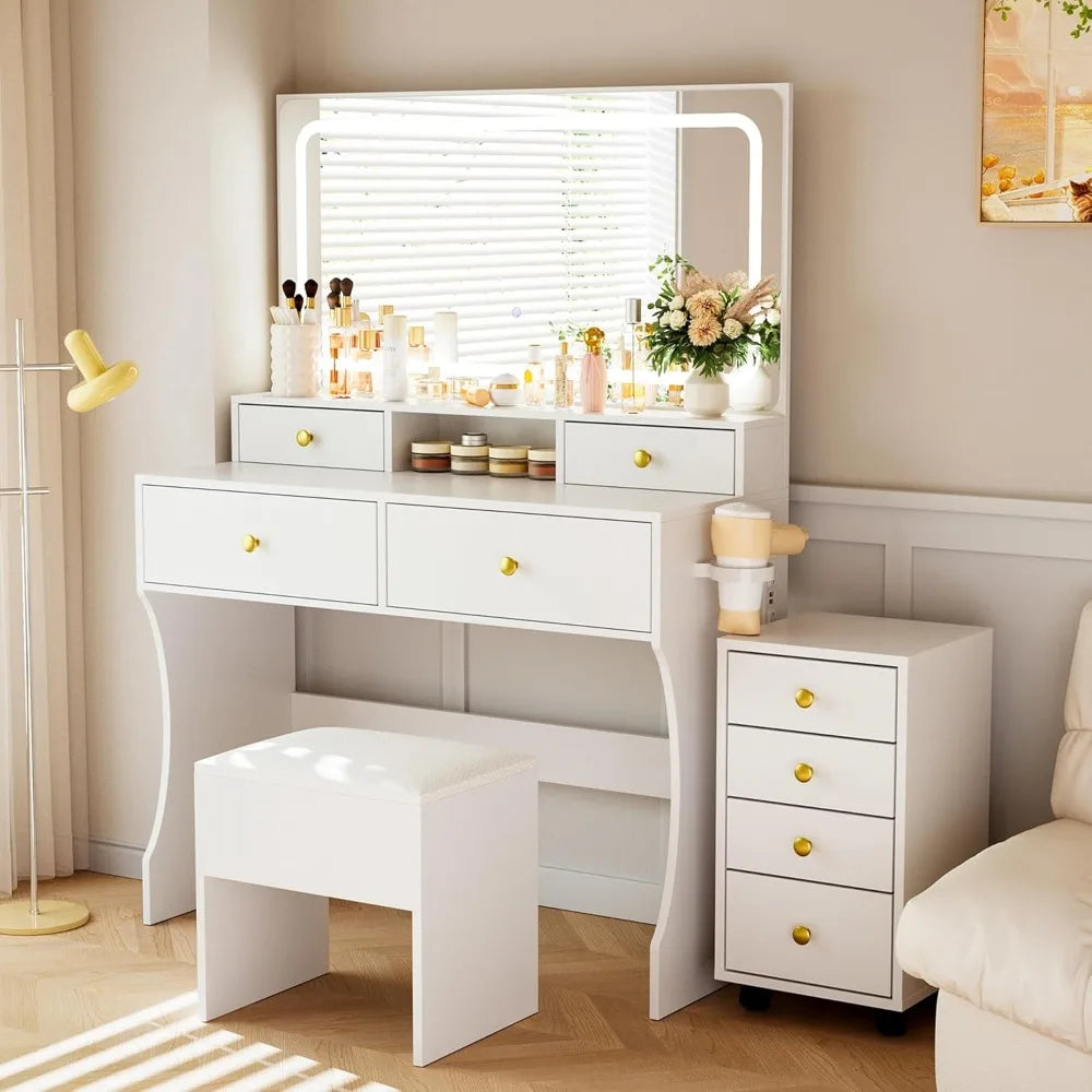 3-Piece Vanity/Desk with Upgraded Silent Slides, Movable Storage Cabinet, Golden Handles, 8 Drawers