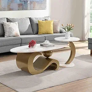 2-Piece Modern Oval Decorative Coffee Center Table with White Faux Marble Top