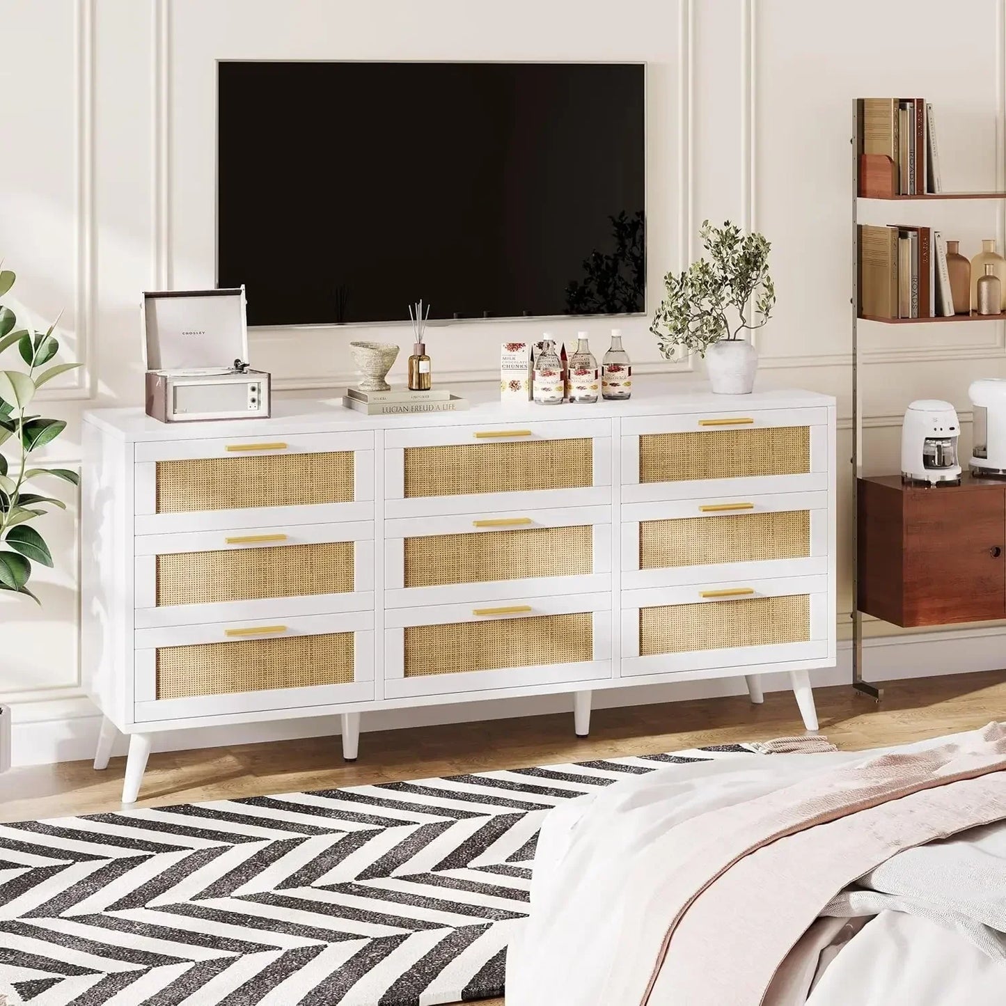 9 Drawer Double Dresser with Golden Handles