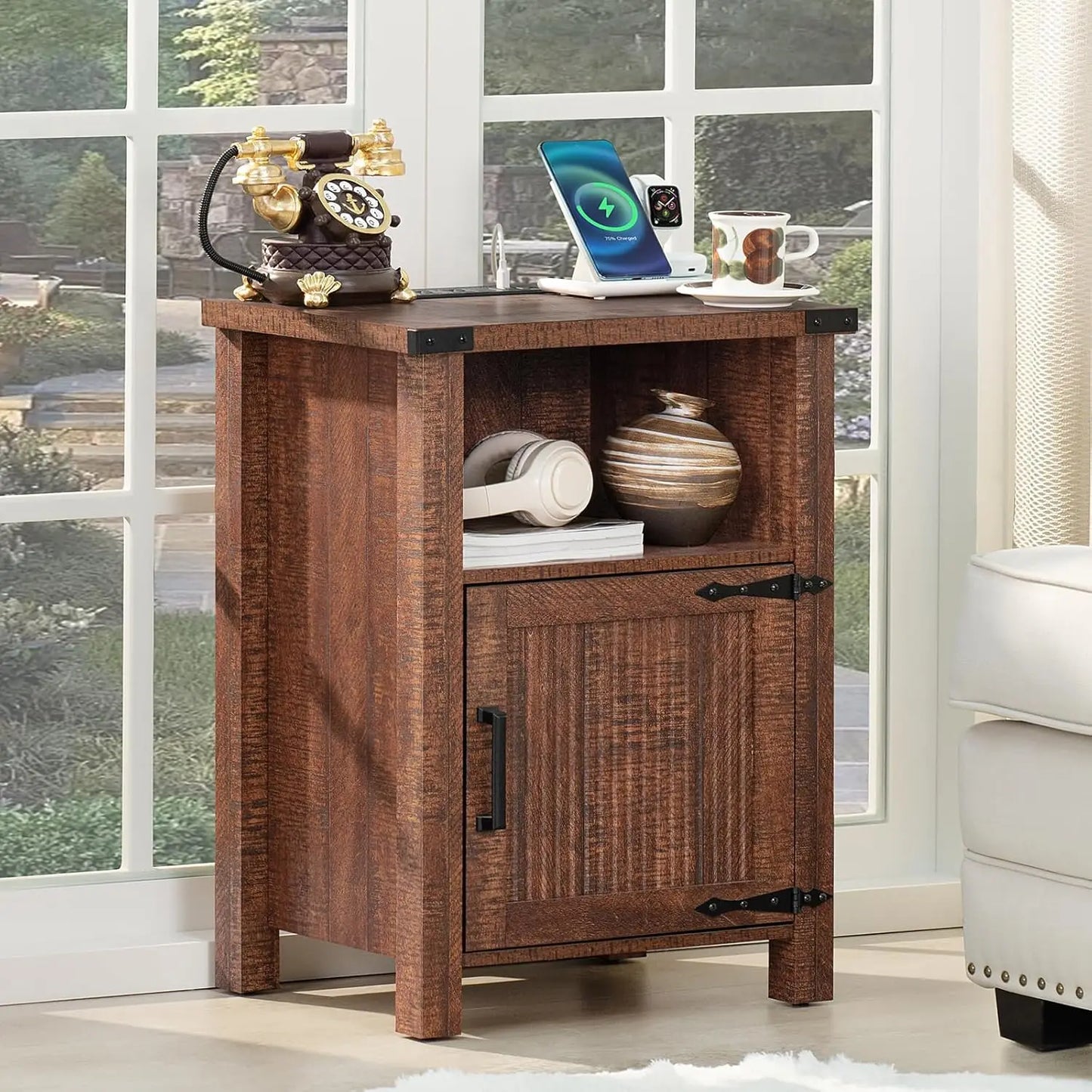 18 Inch Side stand with Charging Station and USB Port, Magnetic Door & Open Shelves