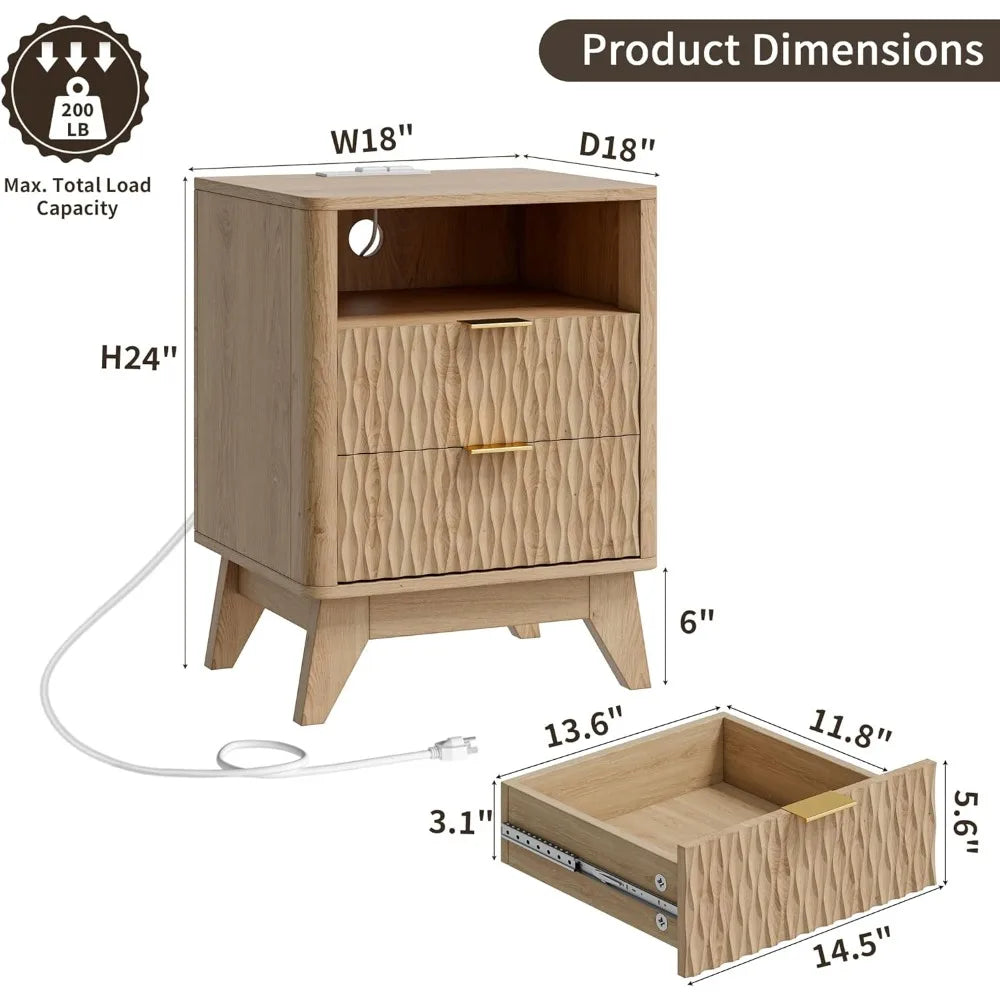 18" Side stand with Charging Station, Storage Drawers-Natural Oak