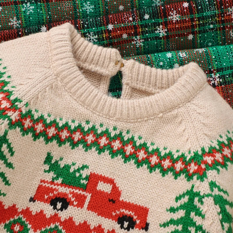 9 MO-3T Boy Christmas Sweater, Round Neck, Truck Print Knit Pullover