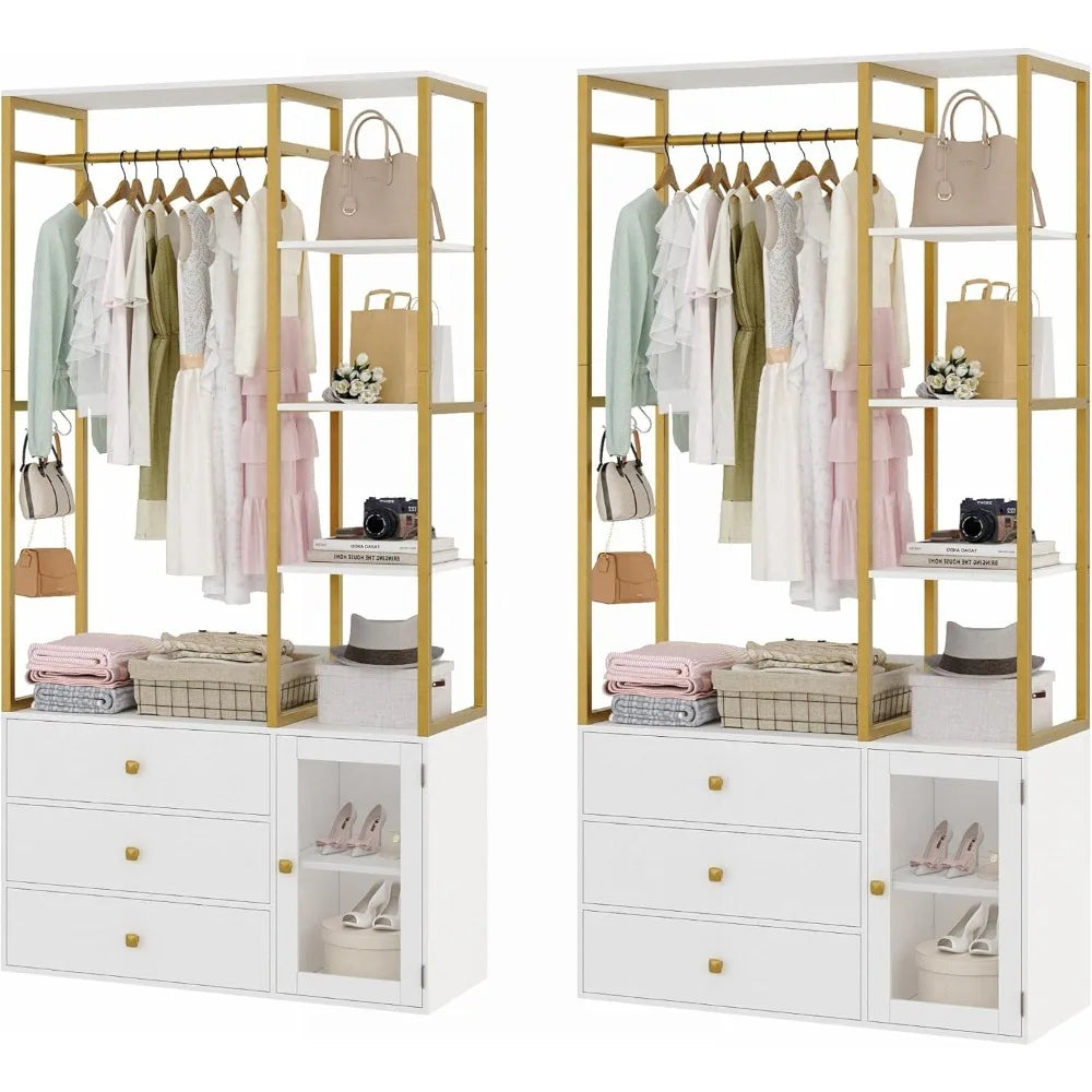 2 pcs Closet Organizer System, Wardrobe Closet with 3 Wooden Drawers, Clothes Rack with Hanging Rods and 4 Tiers Shelves