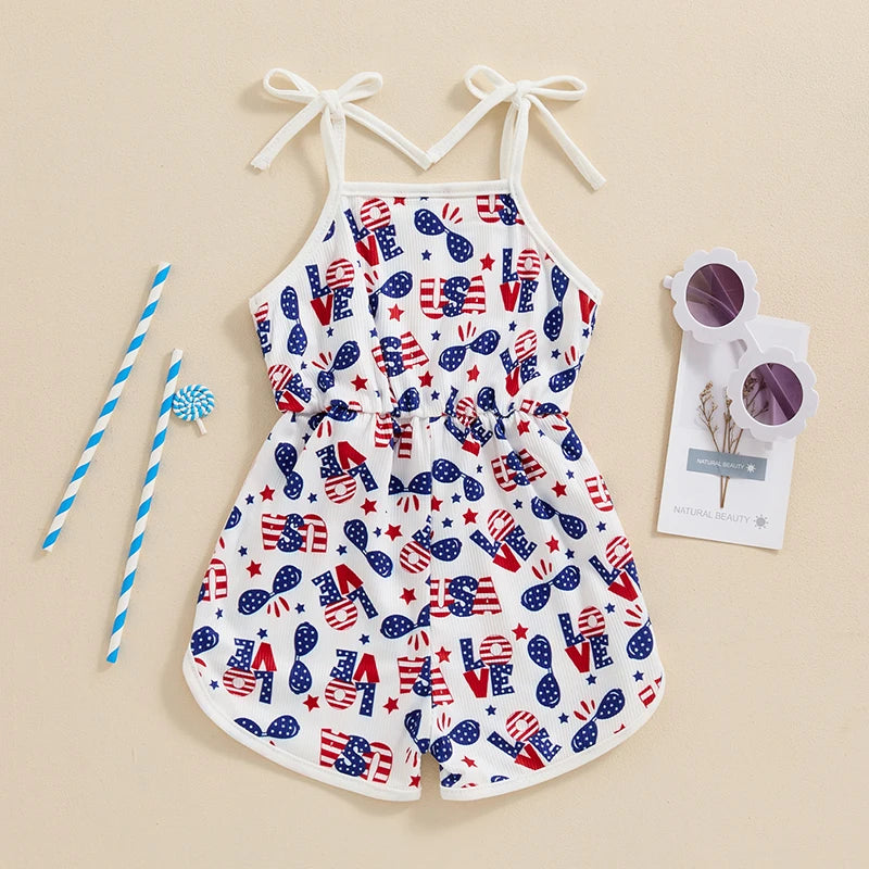 18MO-5T Girls Jumpsuit Tie-up Spaghetti Straps Stars Print Romper 4th of July