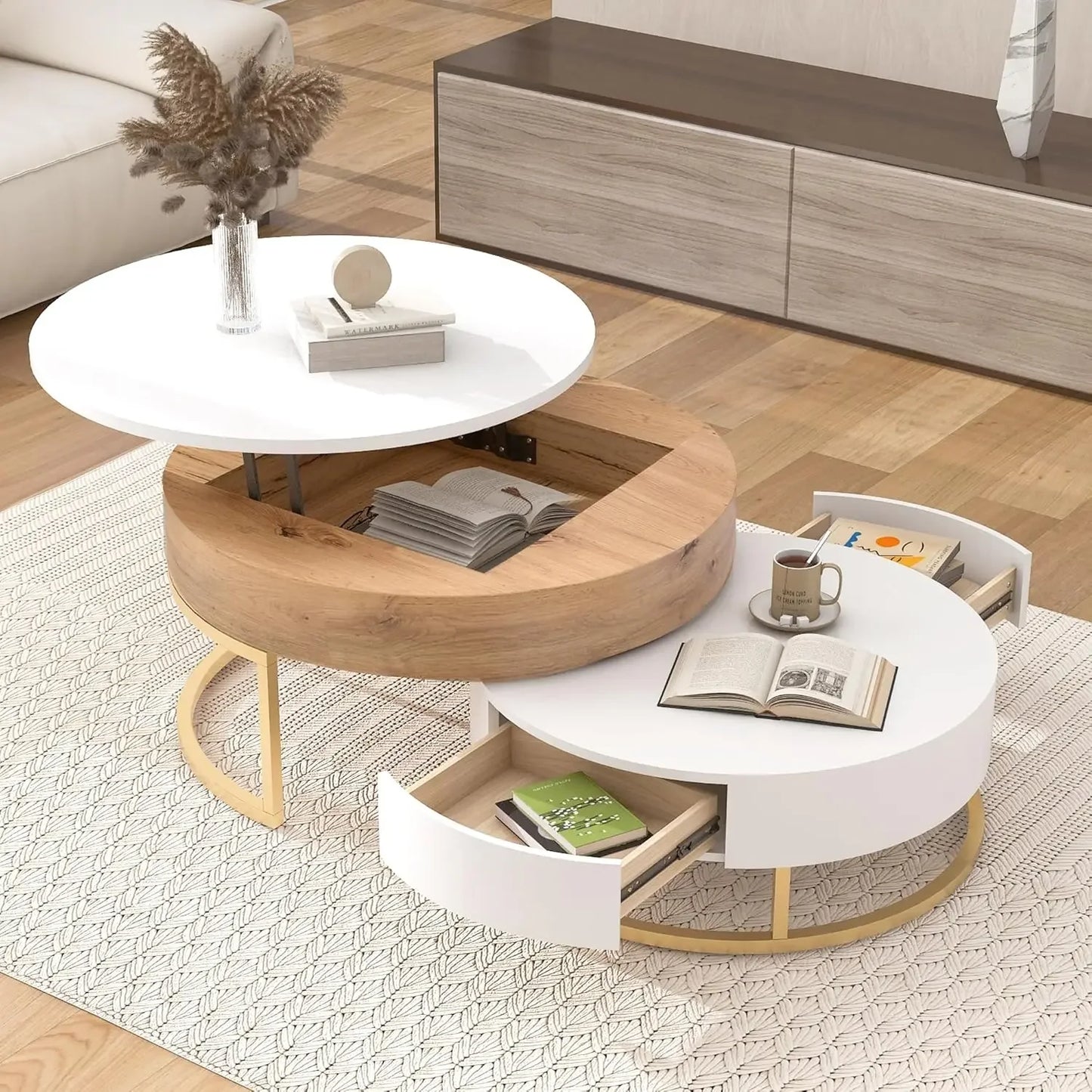 Modern Round Nesting Coffee Table with Drawers