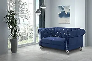 Glam Emma Velvet Two Seater Chesterfield Style Loveseat for Small Spaces with Crystal Button Tufts, Gray