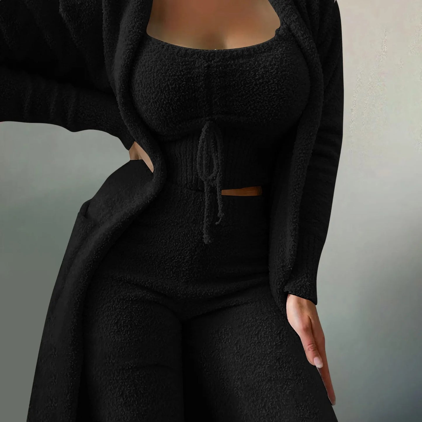 Women'S Fleece 3 Pc Loungewear, Spaghetti Strap Crop Tank, Wide Long Pants, Fuzzy Kimono ,