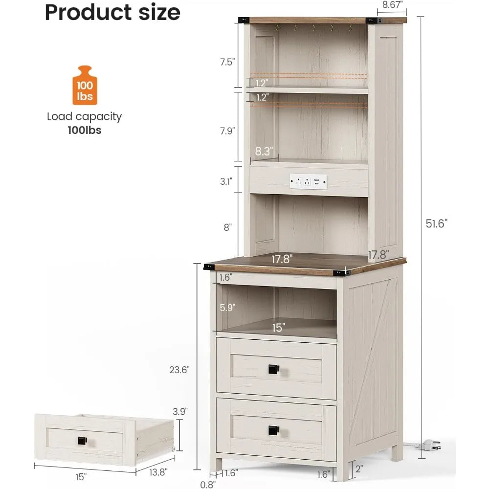 Tall Nightstand with Charging Station and 2 Drawers, LED with Bookshelf