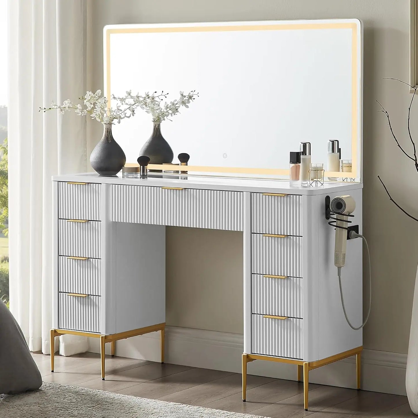 48" Vanity/Desk with 48" Large Mirror and HD Lights with 9 Drawers & Charging Station