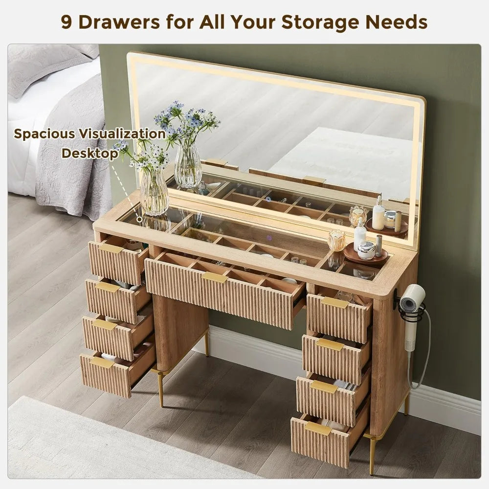 48" Vanity/Desk with 48" Large Mirror and HD Lights with 9 Drawers & Charging Station