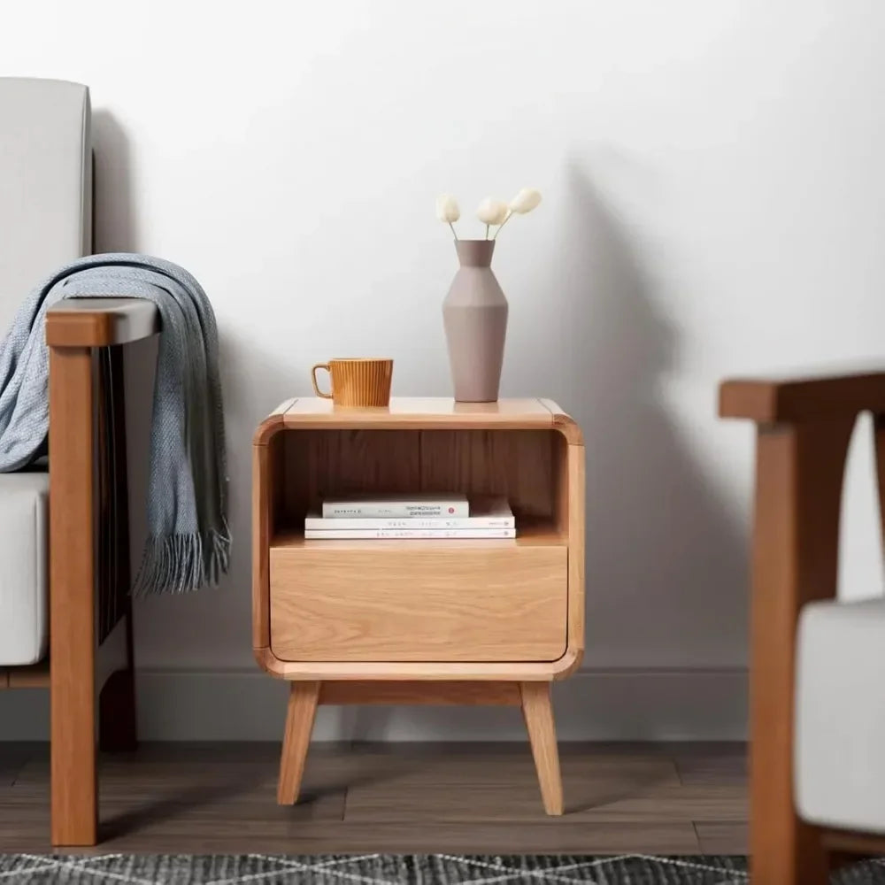 100% Solid Oak Wood Nightstand with Drawer & Storage Shelf