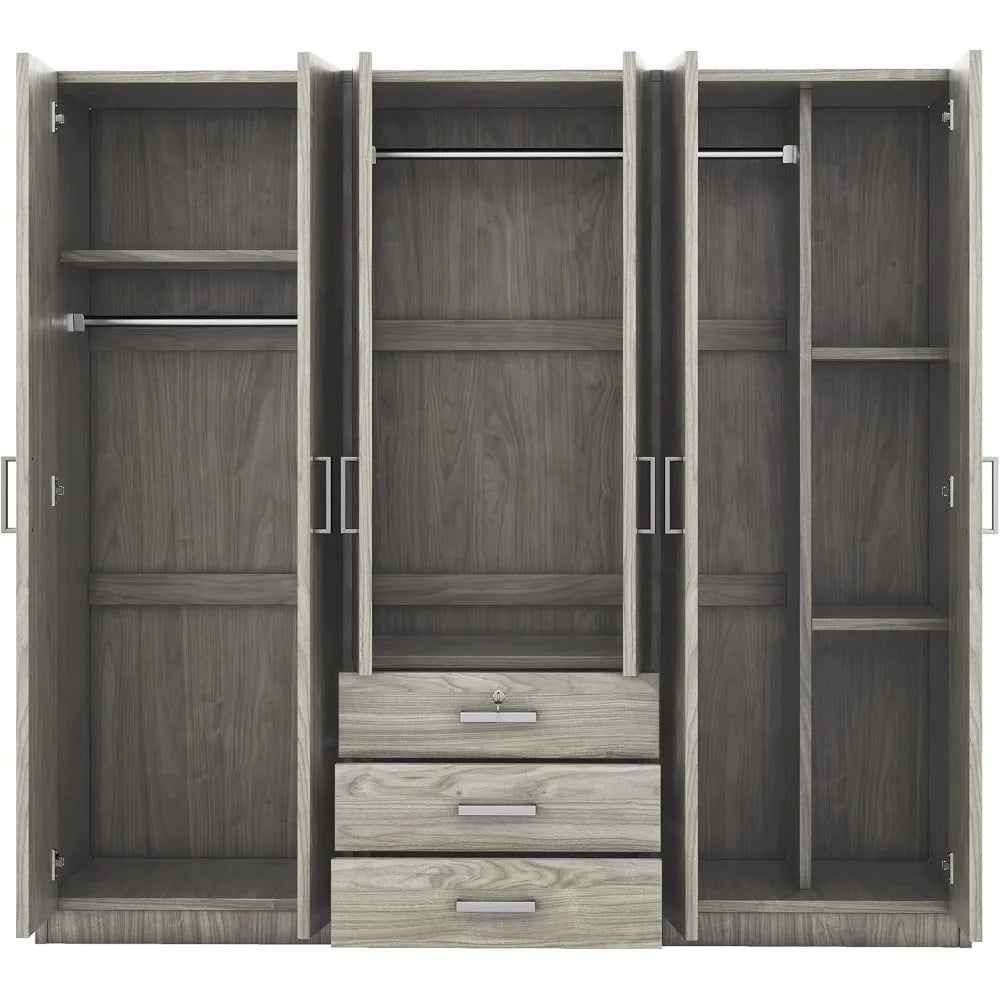 "Spacious 6-Door Armoire Wardrobe with Ample Drawers, Hanging Space and Shelves for Bedroom Storage"