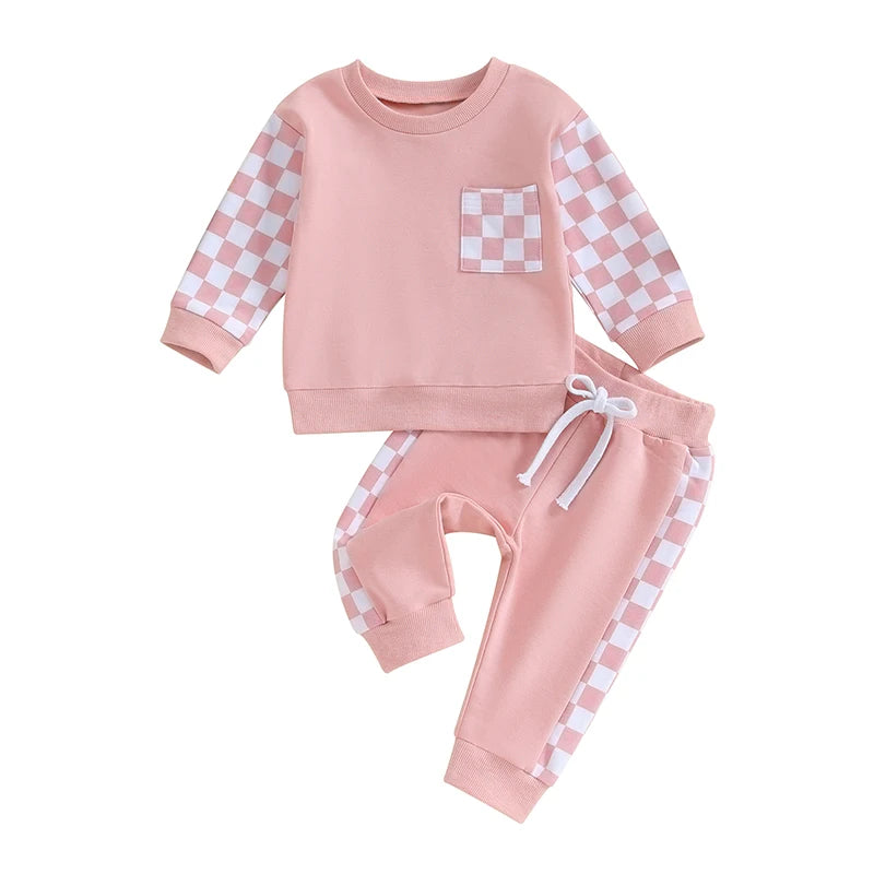 0 MO-3Y Girl Clothes Outfits, Long Sleeve, Checkboard Sweatshirt and Pants Set